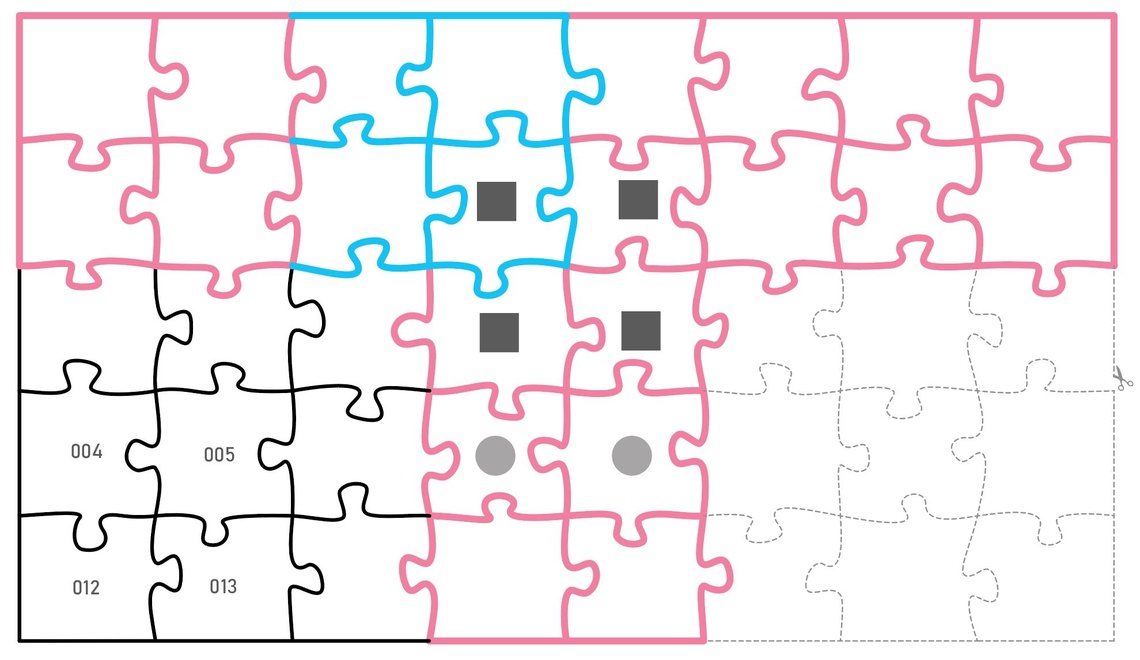 Beispielentwurf Puzzleplan mit Nummerierung der Puzzleteile, Ausstattung mit Klebepunkten oder Magneten, Aufteilung in Segmente